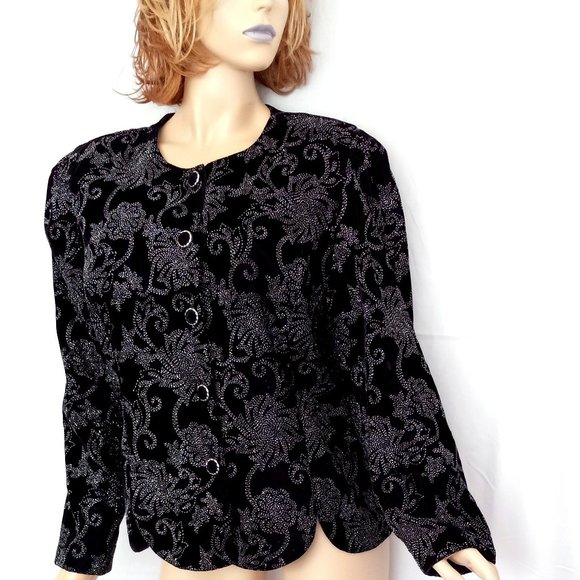 R&K EVENING Missy 18 Black Velvet With Silver Sparkle Button Down Evening Jacket - Picture 2 of 5